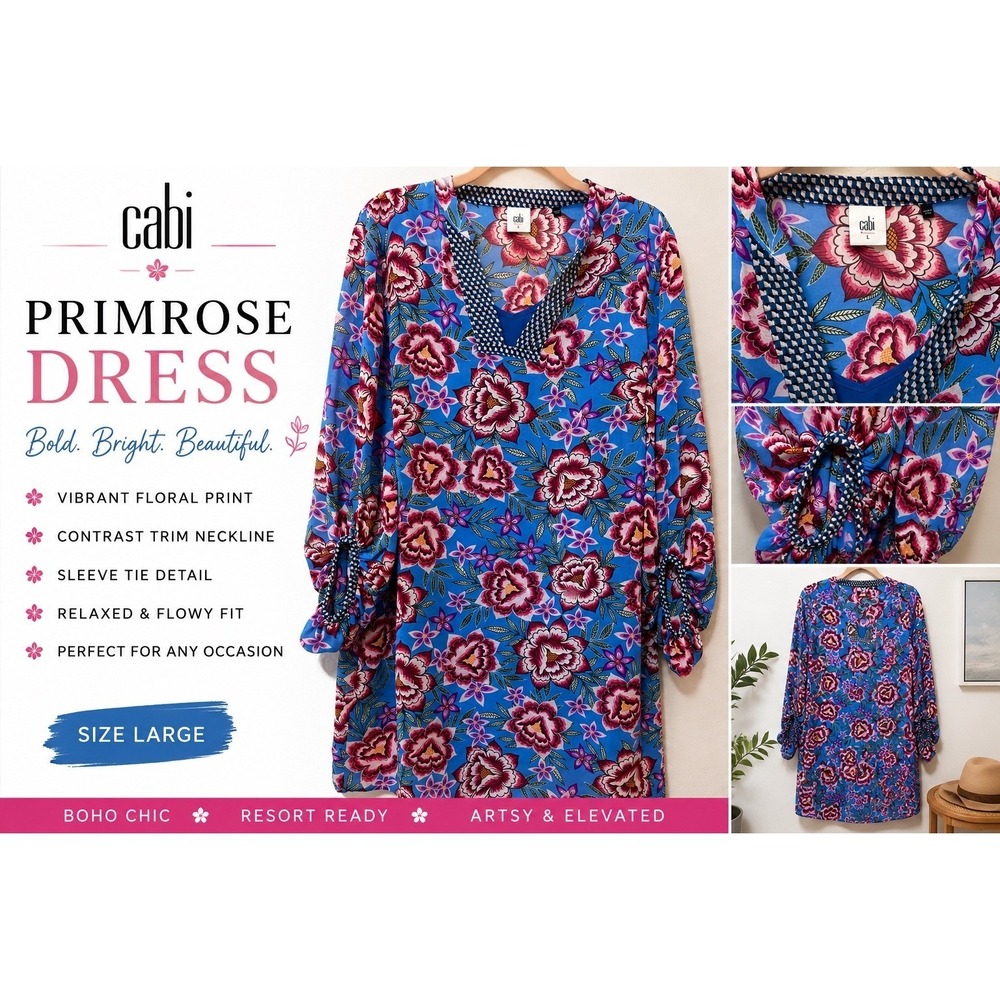 Cabi Primrose‎ Floral Tunic Dress L Blue Pink Resort Boho Shift Dress